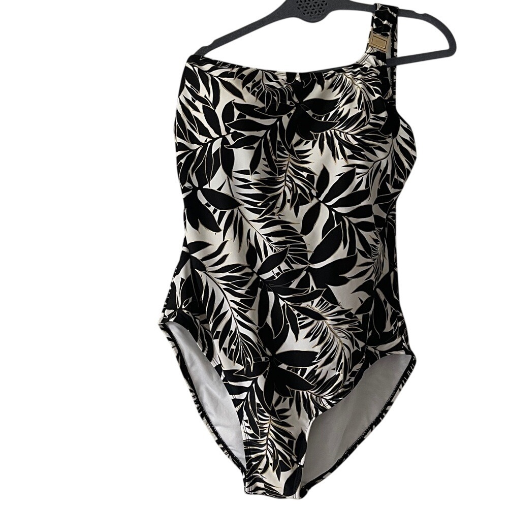 St. John's Bay Black White Gold Tropical One-Shoulder Swimsuit 14